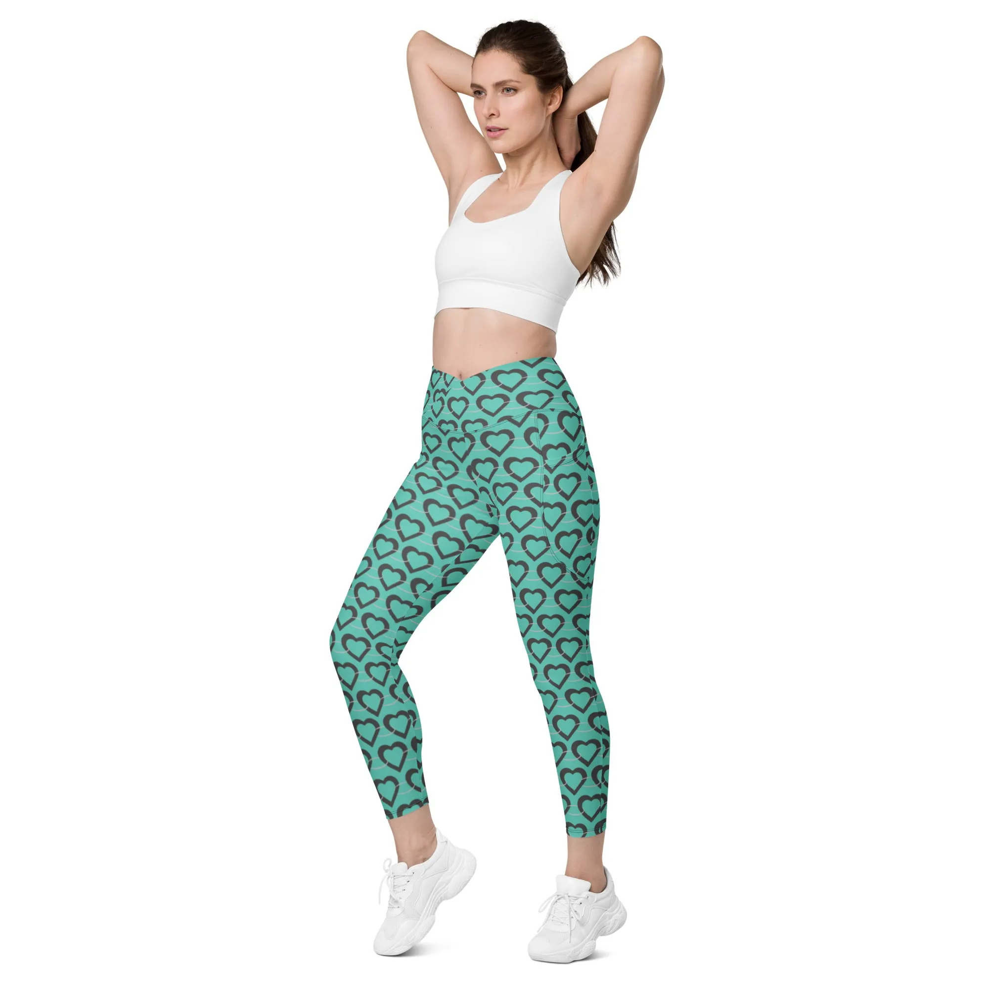 Teal Heart Chain Crossover leggings with pockets