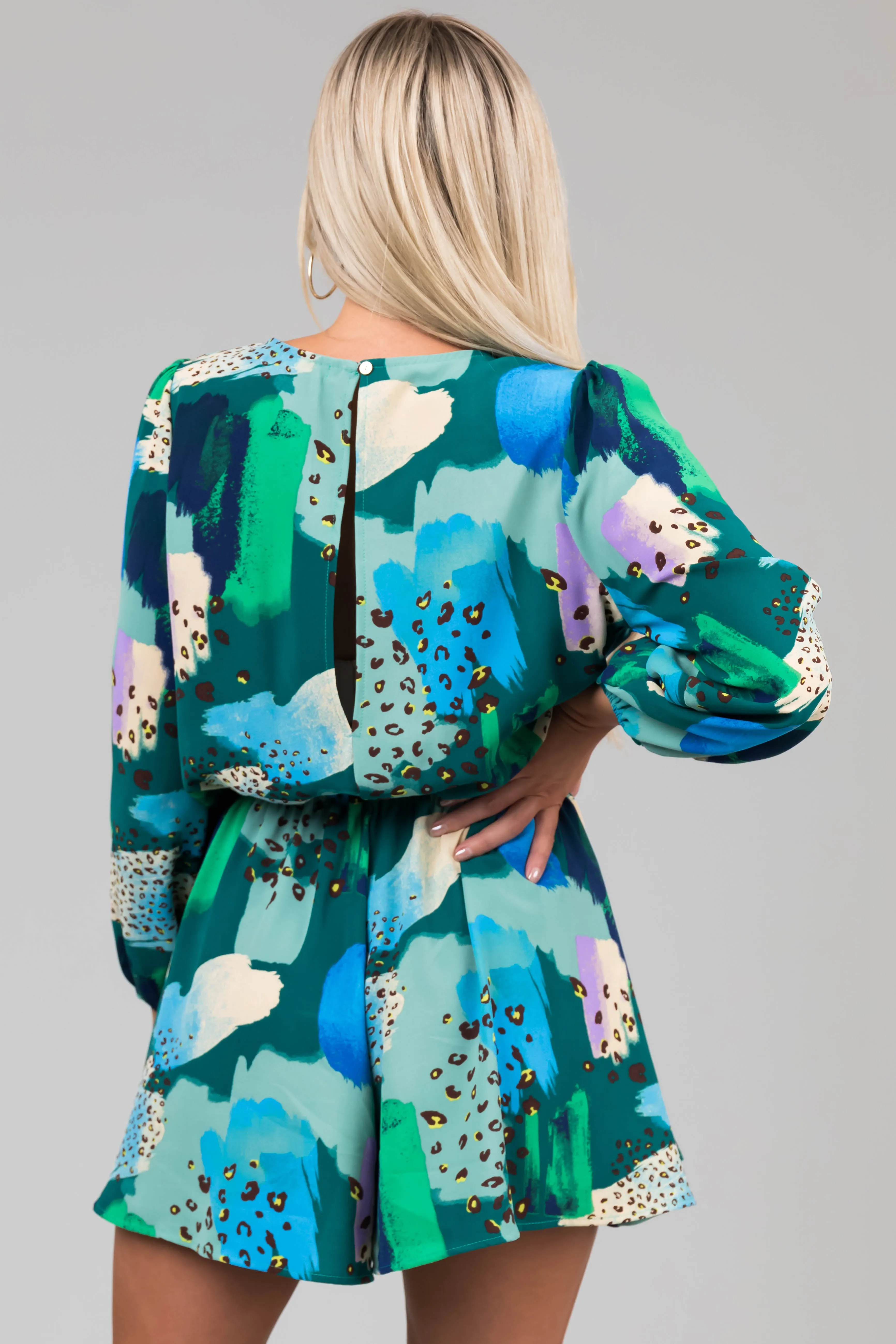 Teal Multicolor Abstract Surplice Flare Romper