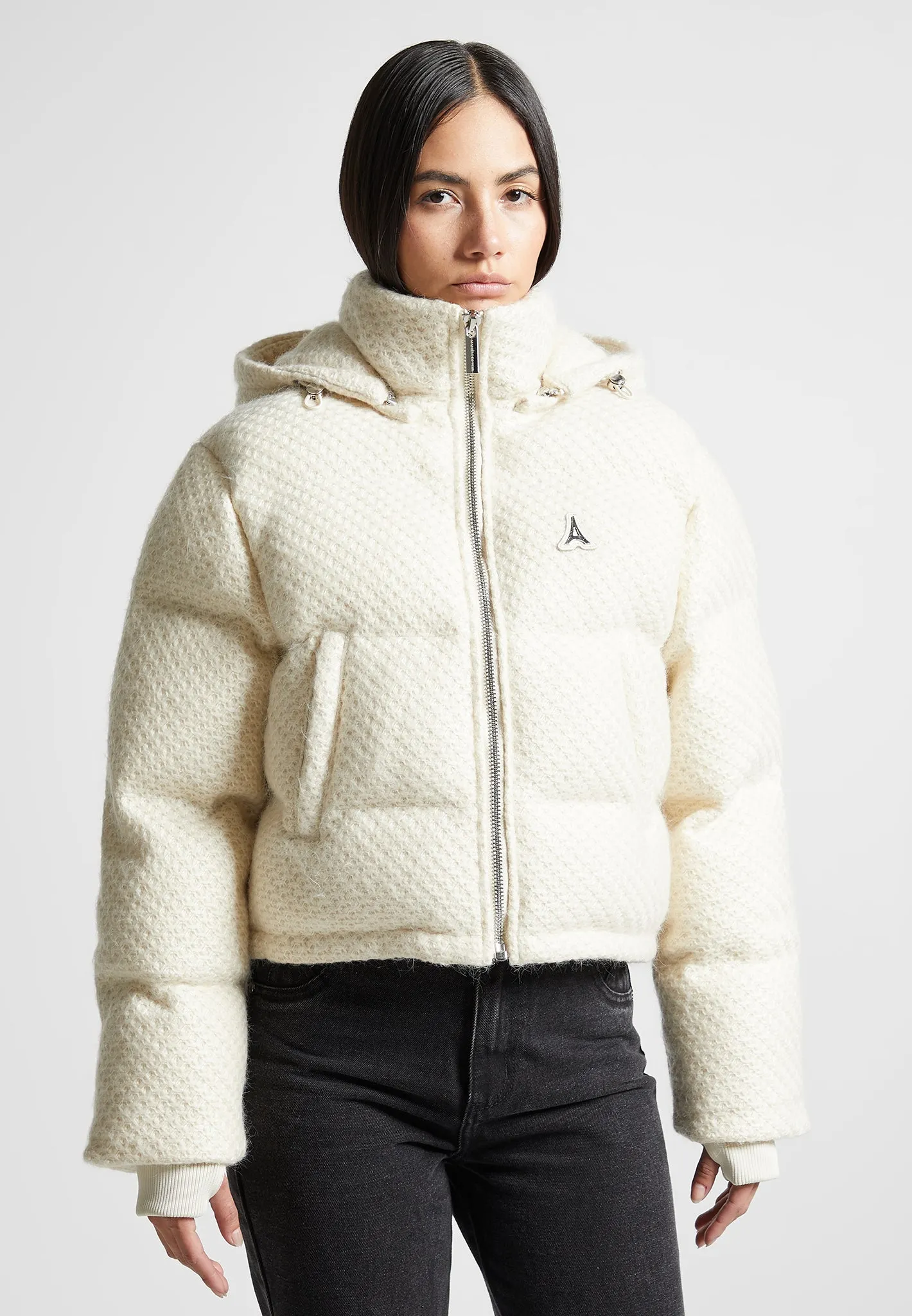 Textured Knit Puffer Jacket - Cream