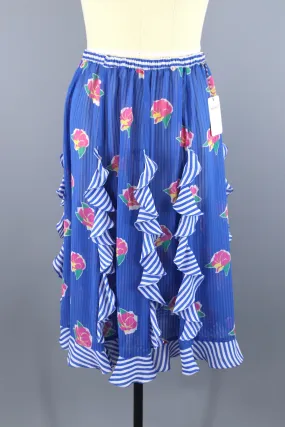 Vintage 1980s Diane Freis Skirt / Blue Ruffled Floral Print