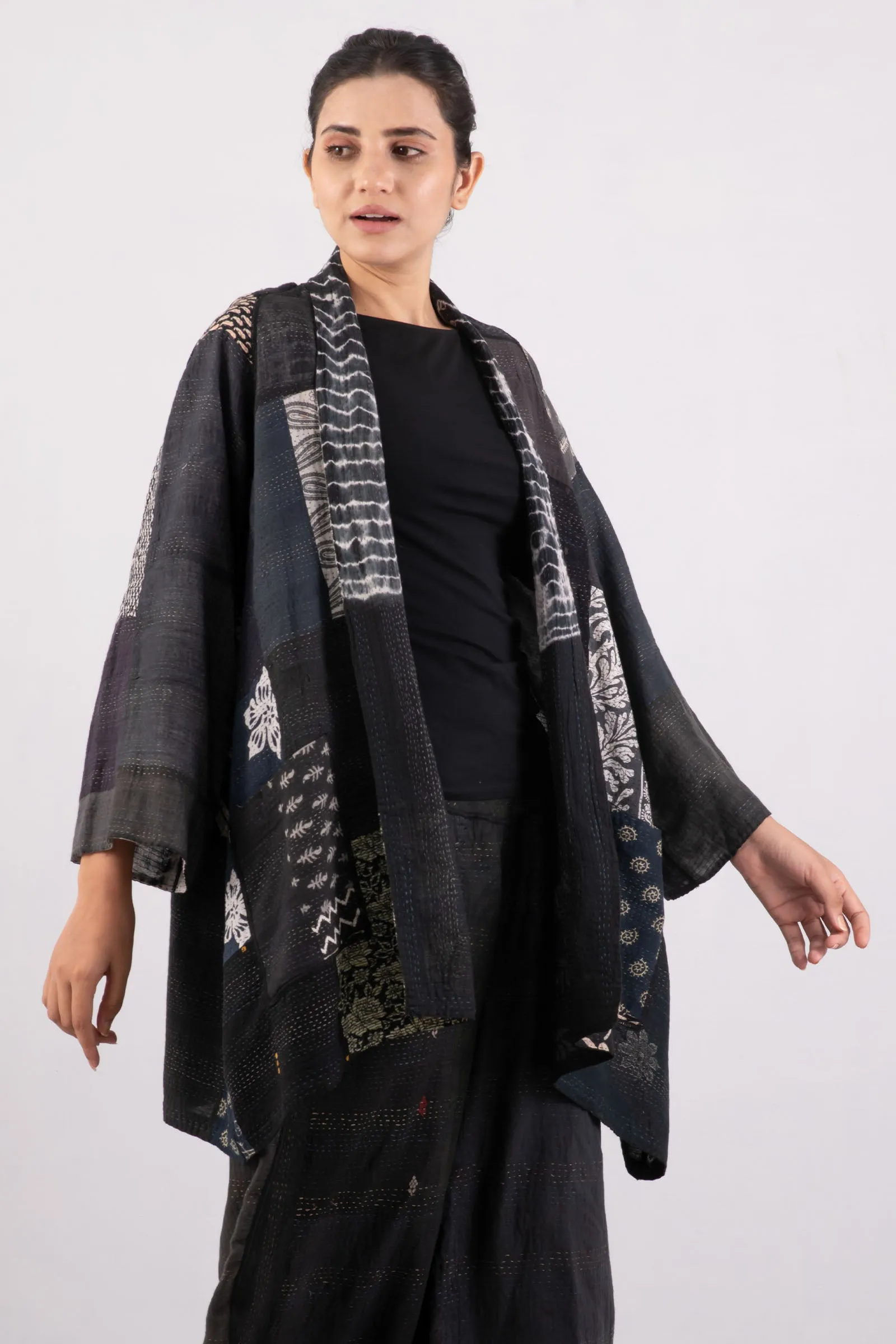 VINTAGE BOTTOM PRINT KANTHA A-LINE JKT - vb2003-blk -