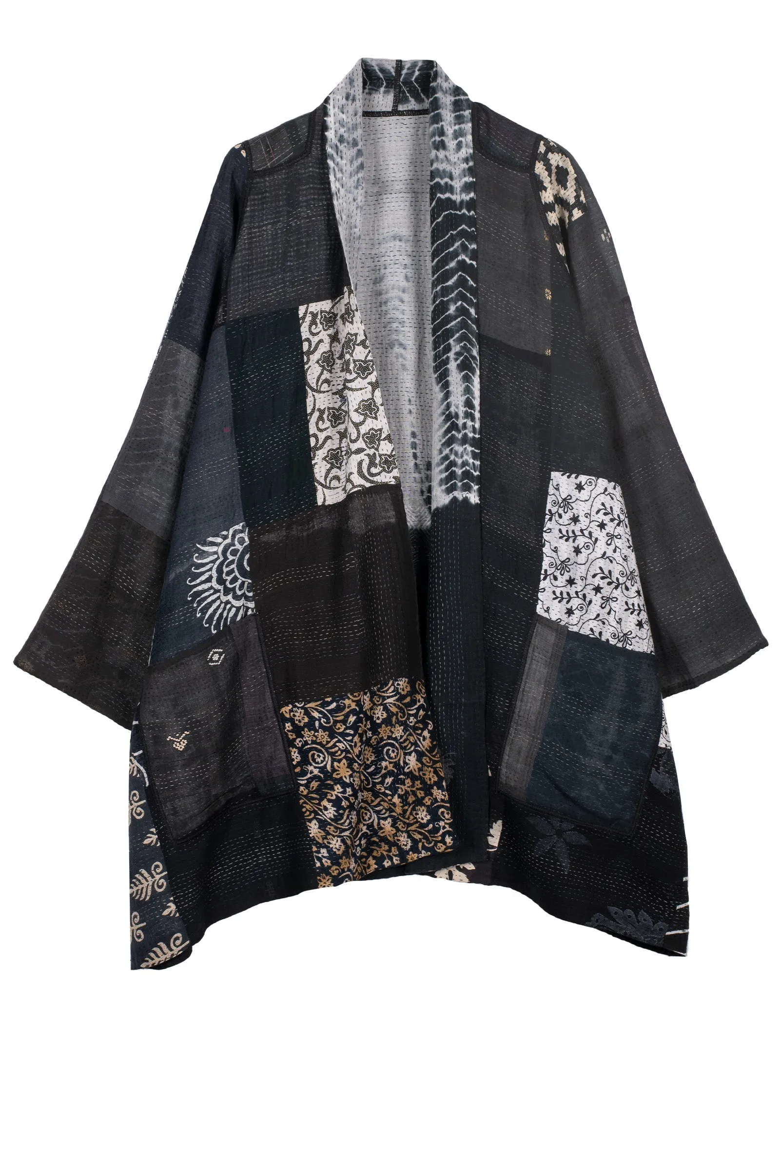 VINTAGE BOTTOM PRINT KANTHA A-LINE JKT - vb2003-blk -