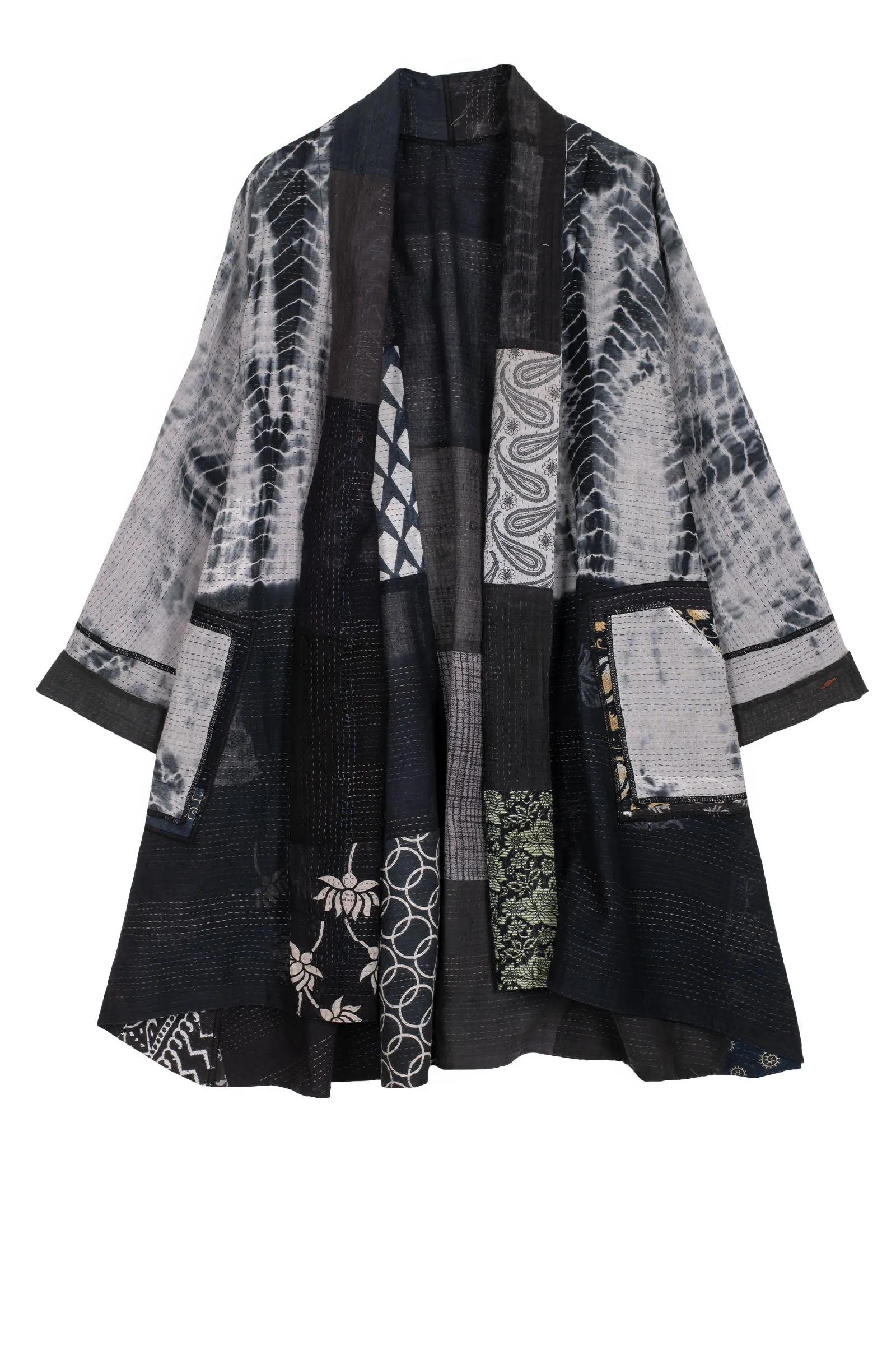 VINTAGE BOTTOM PRINT KANTHA KIMONO LONG JACKET