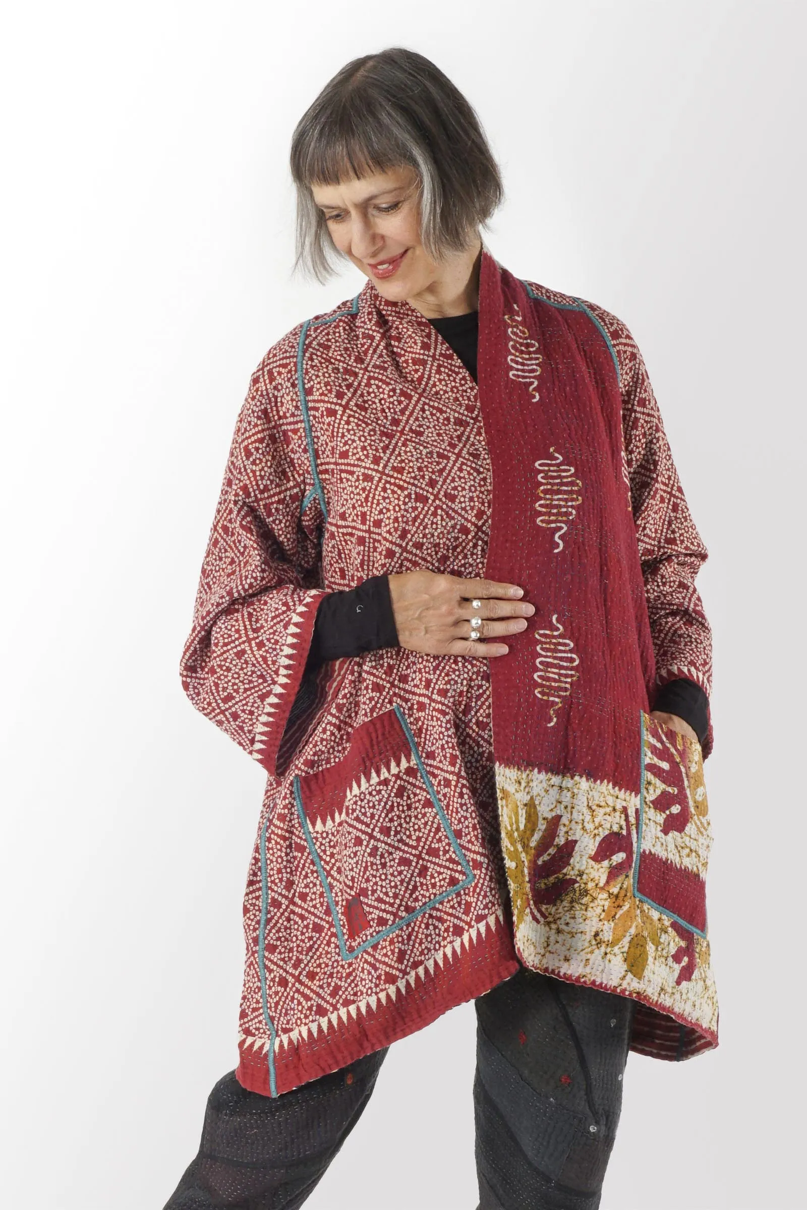 VINTAGE COTTON KANTHA A-LINE JACKET - cv4003-0411a -