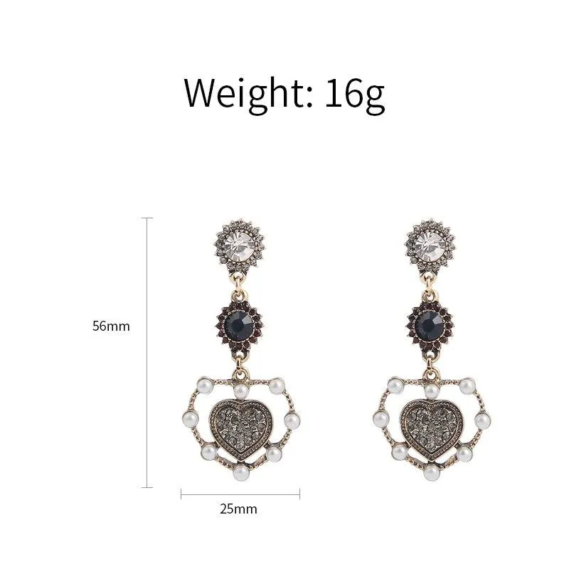 Vintage Pearl Hollow Love Heart Long Dangle Earrings for Women Trendy Temperament Rhinestone Drop Earring Jewelry Brincos