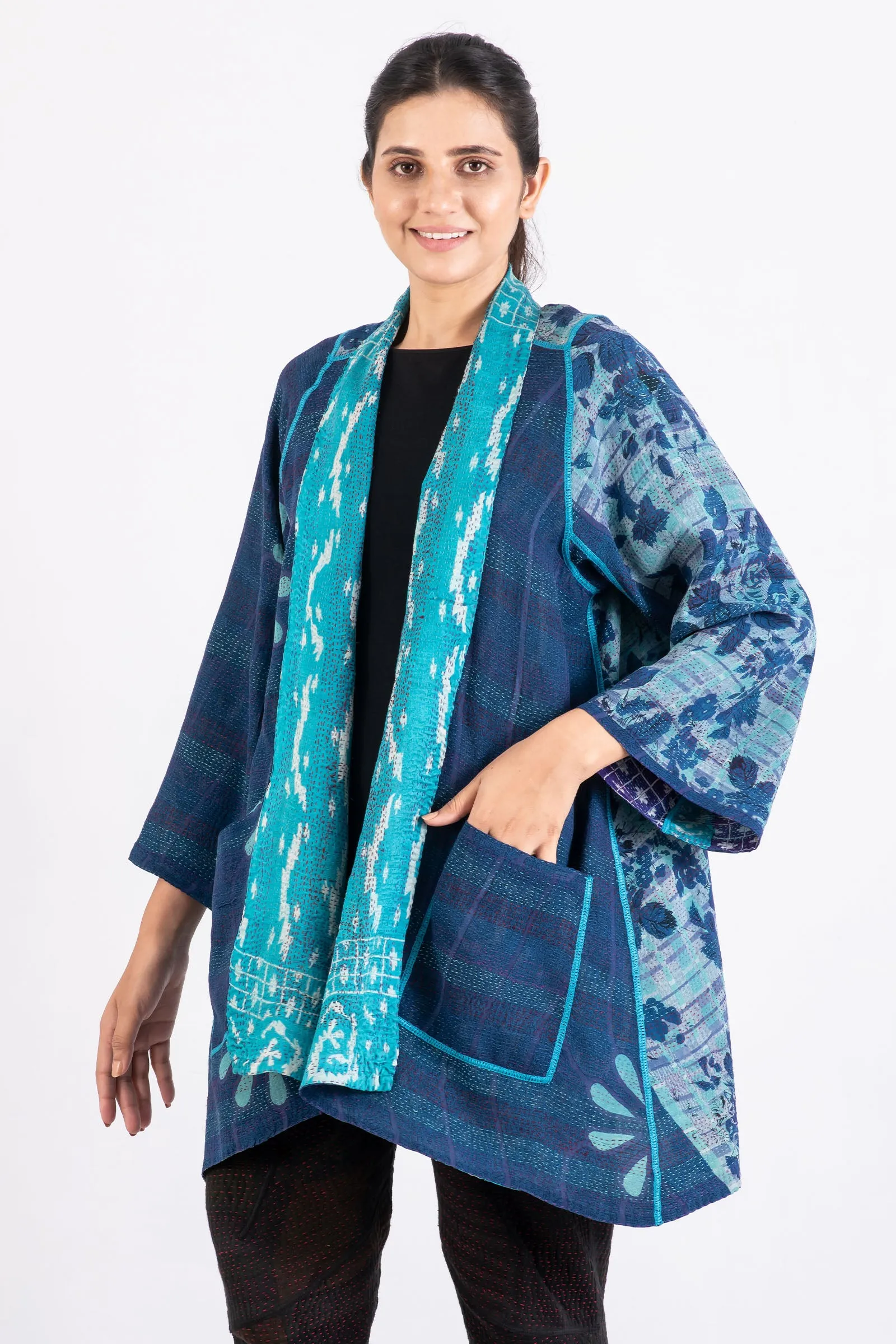 VINTAGE SILK GEORGETTE KANTHA A-LINE JKT