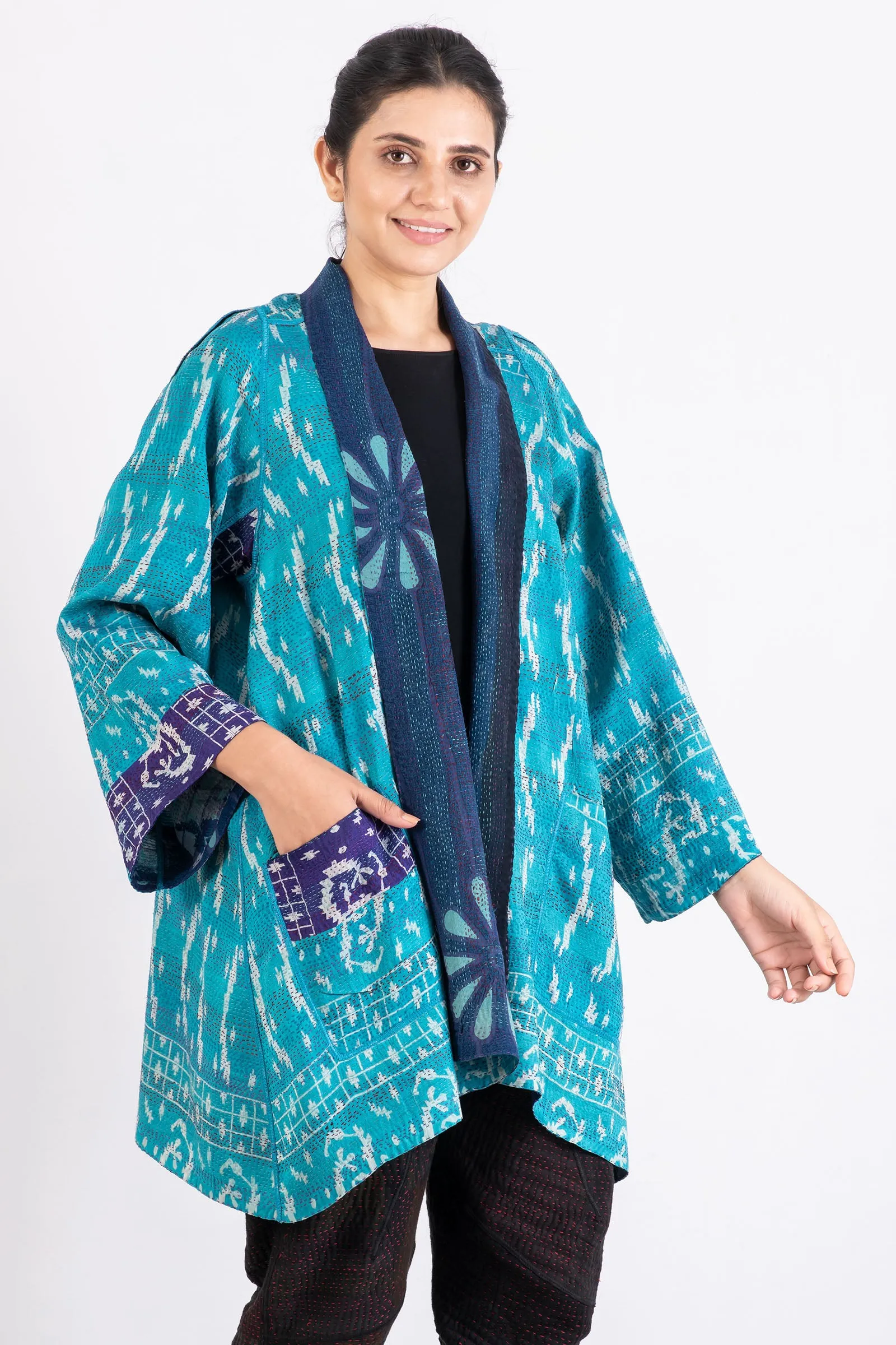 VINTAGE SILK GEORGETTE KANTHA A-LINE JKT