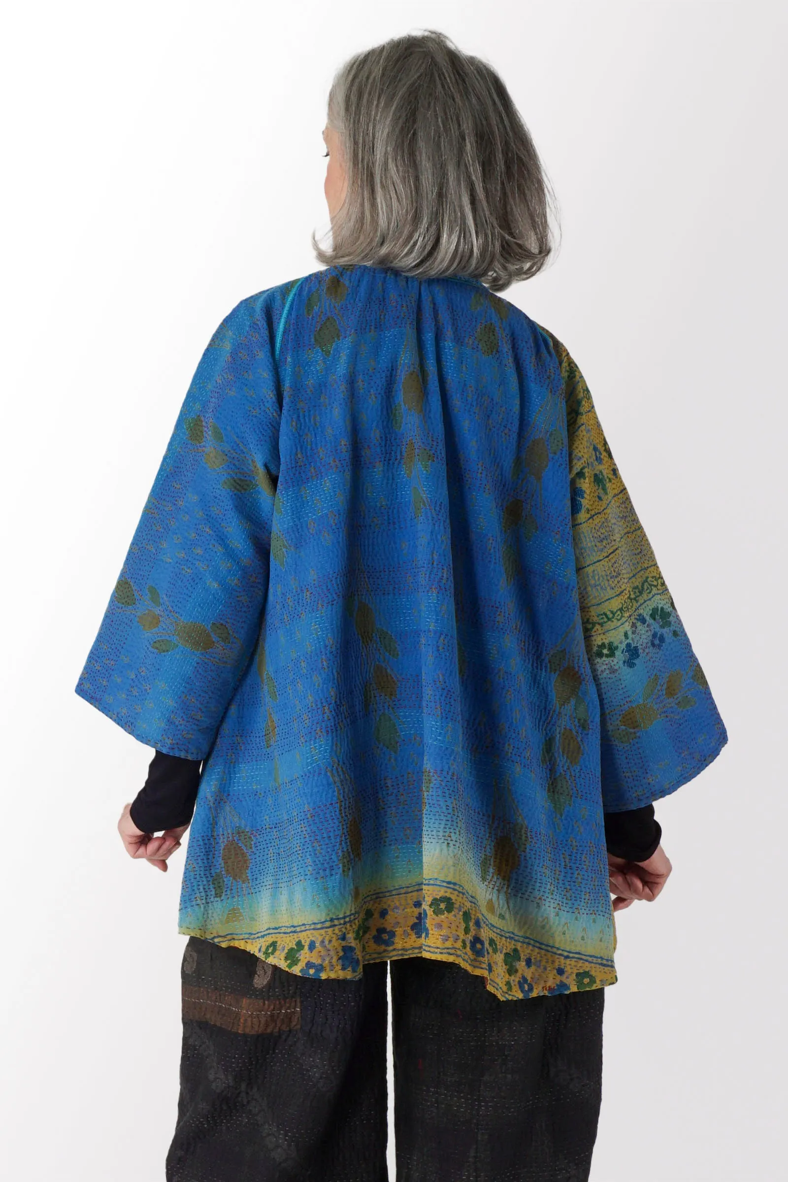 VINTAGE SILK GEORGETTE KANTHA KIMONO JACKET - sg2004-0002a -