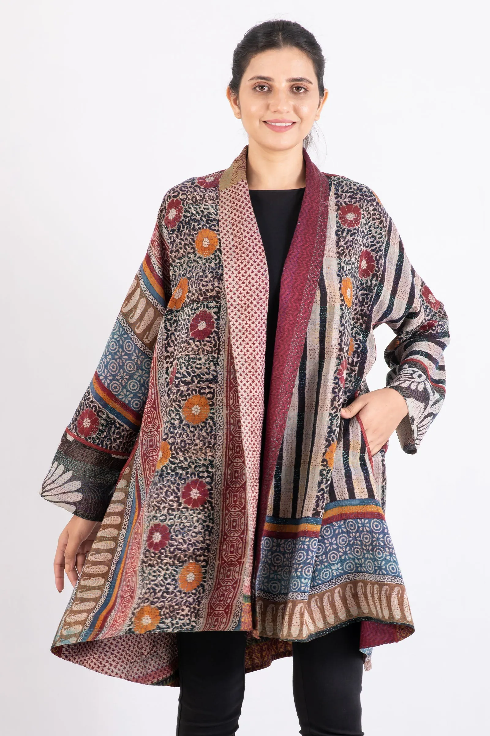 VINTAGE SILK GEORGETTE KANTHA KIMONO LONG JACKET