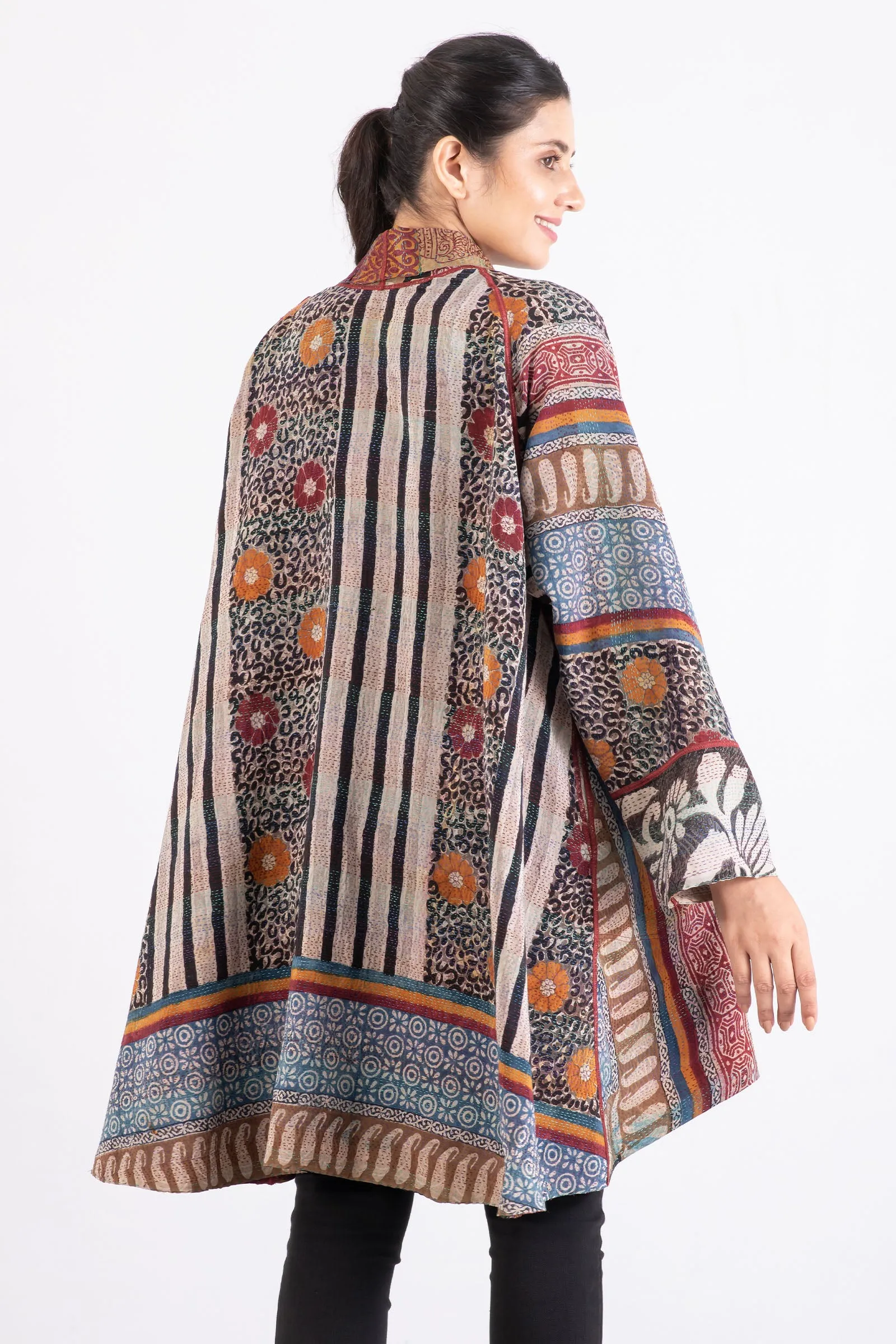 VINTAGE SILK GEORGETTE KANTHA KIMONO LONG JACKET