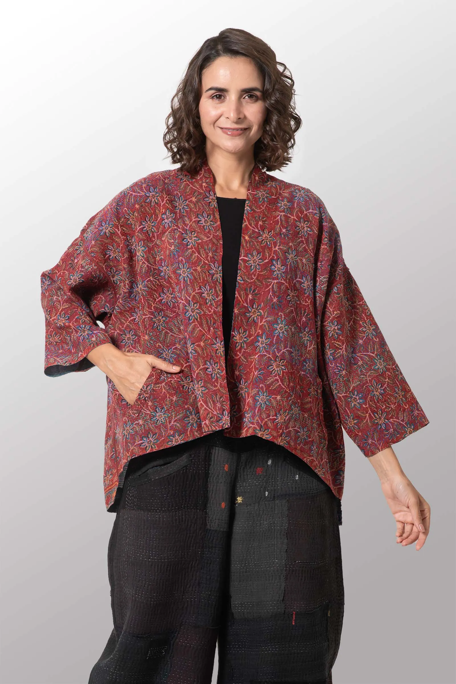 VINTAGE SILK GEORGETTE KANTHA MINI KIMONO JACKET - sg2055-0010a -