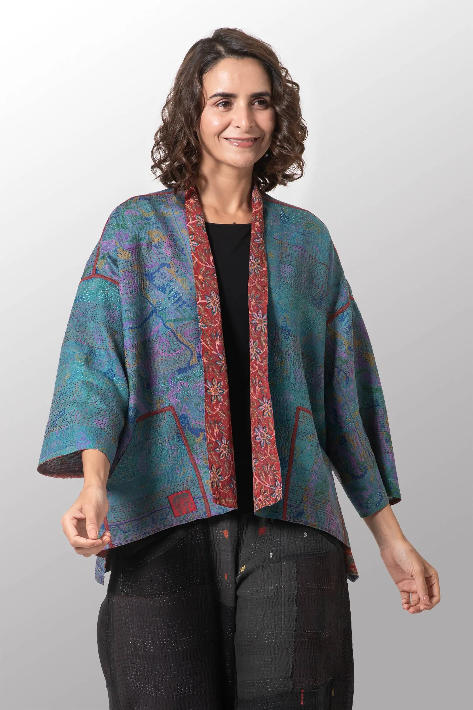 VINTAGE SILK GEORGETTE KANTHA MINI KIMONO JACKET - sg2055-0010a -