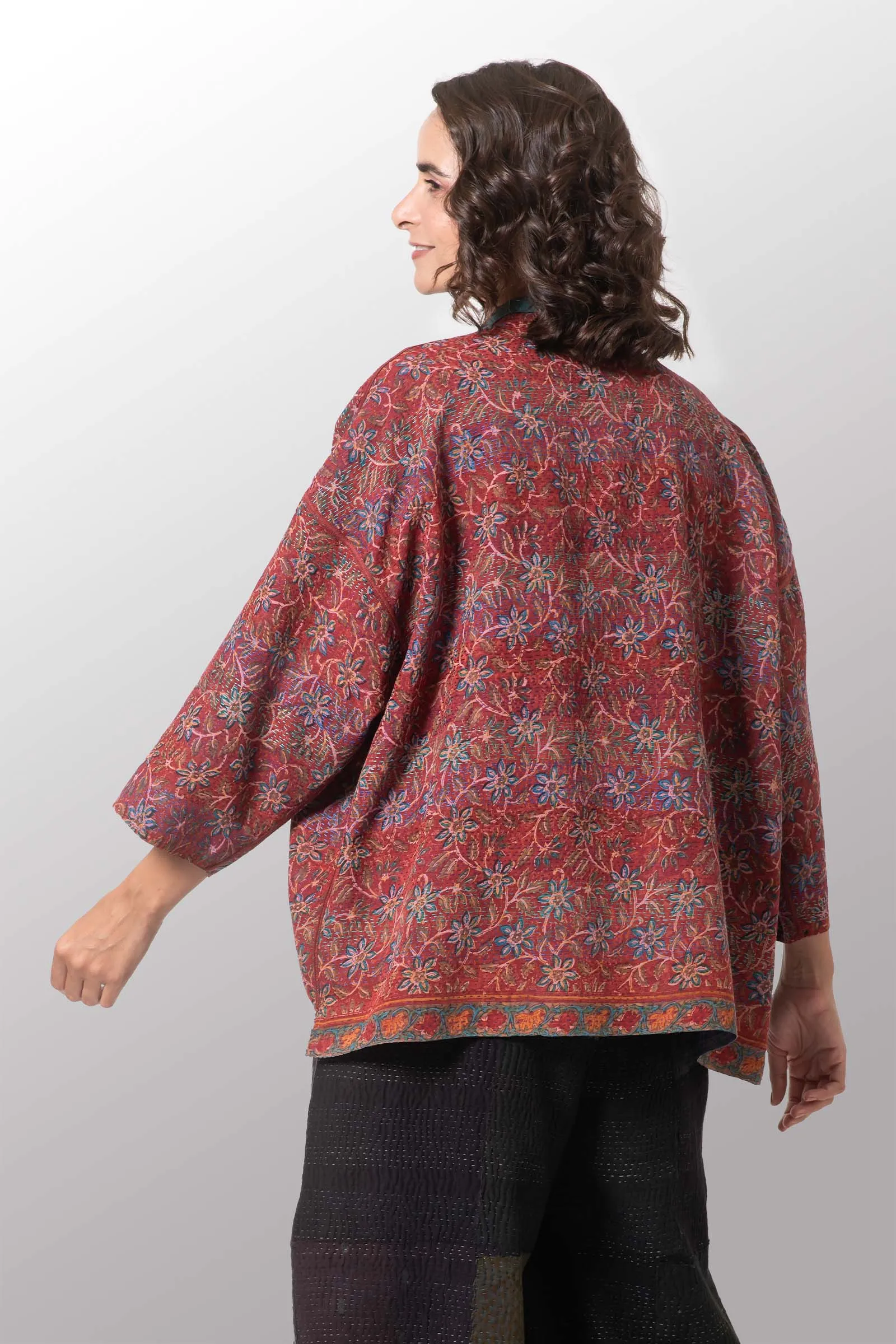 VINTAGE SILK GEORGETTE KANTHA MINI KIMONO JACKET - sg2055-0010a -