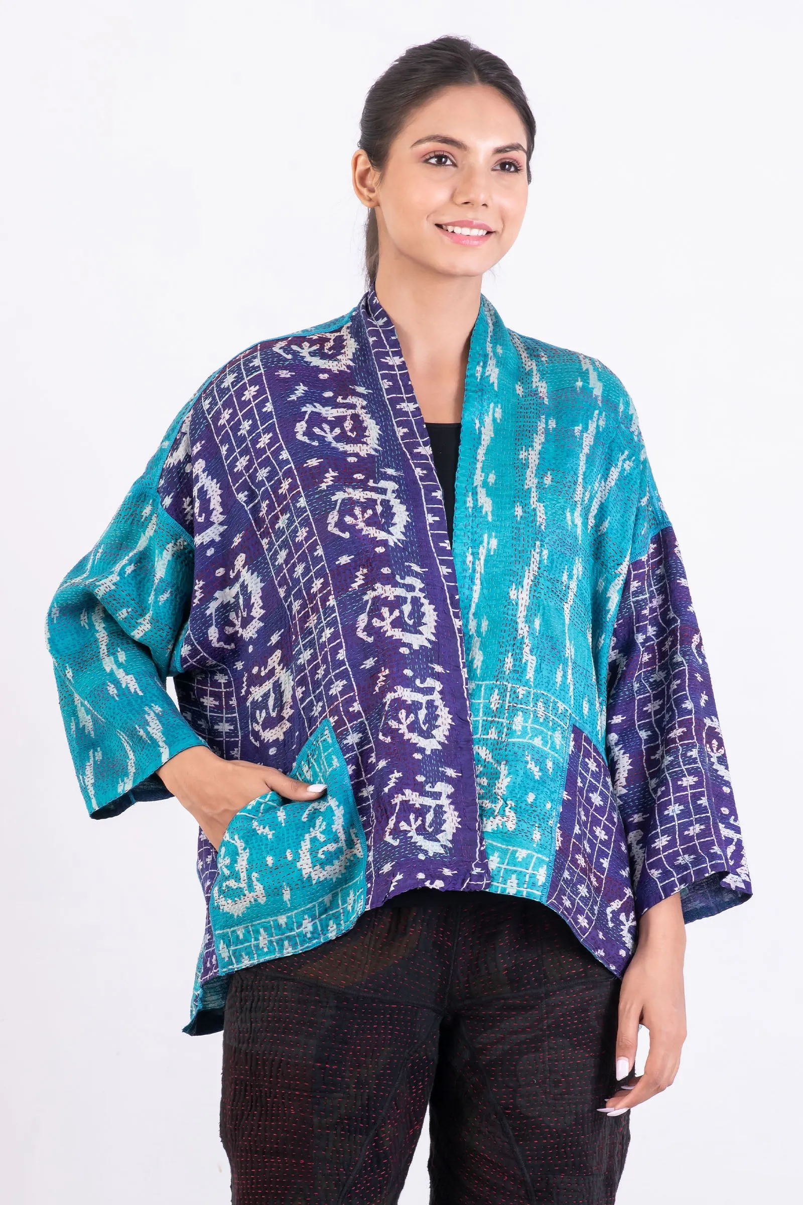 VINTAGE SILK GEORGETTE KANTHA MINI KIMONO JACKET