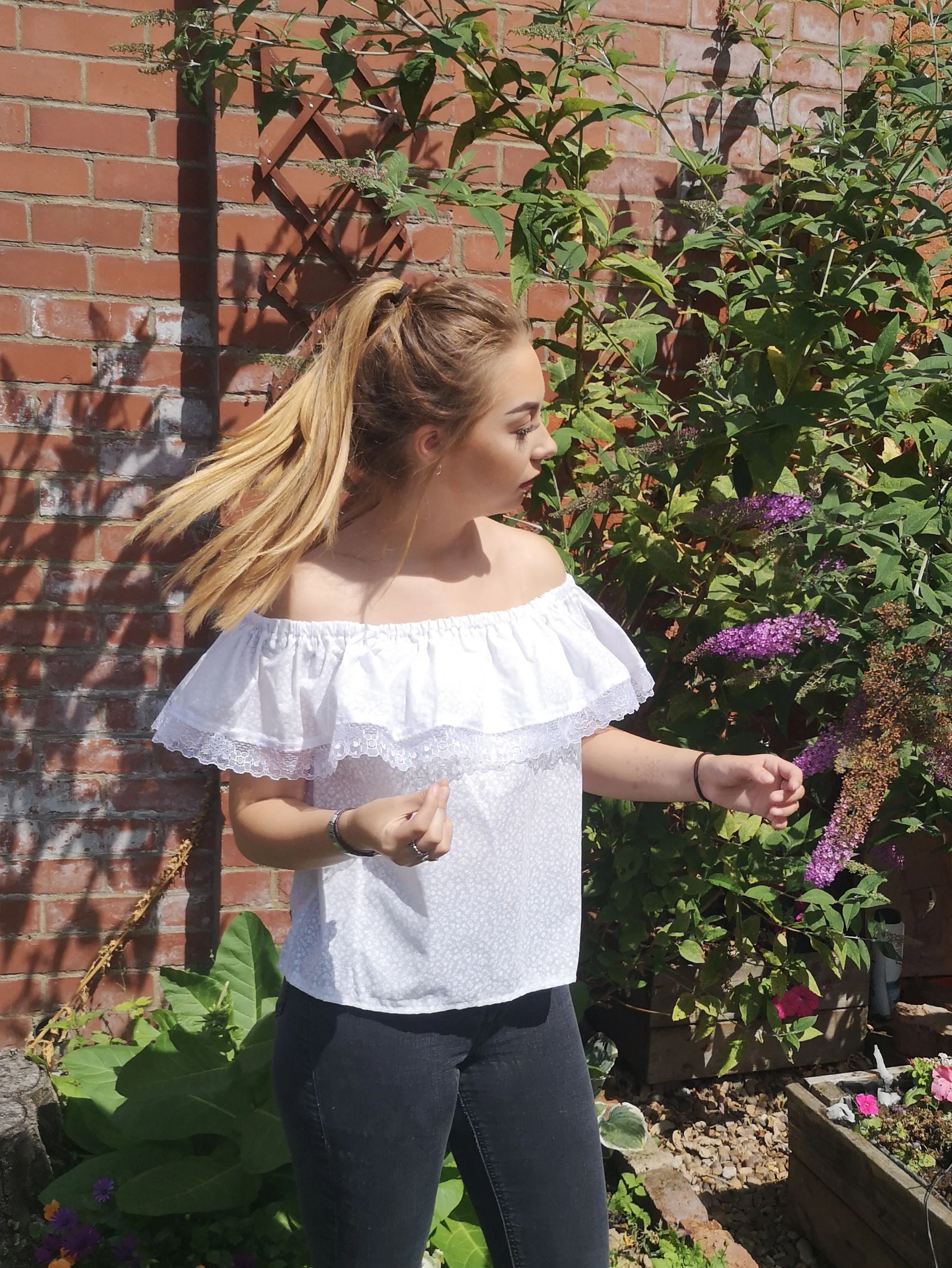 White on white, lace edged bardot top, boho fashion size 10 aprox