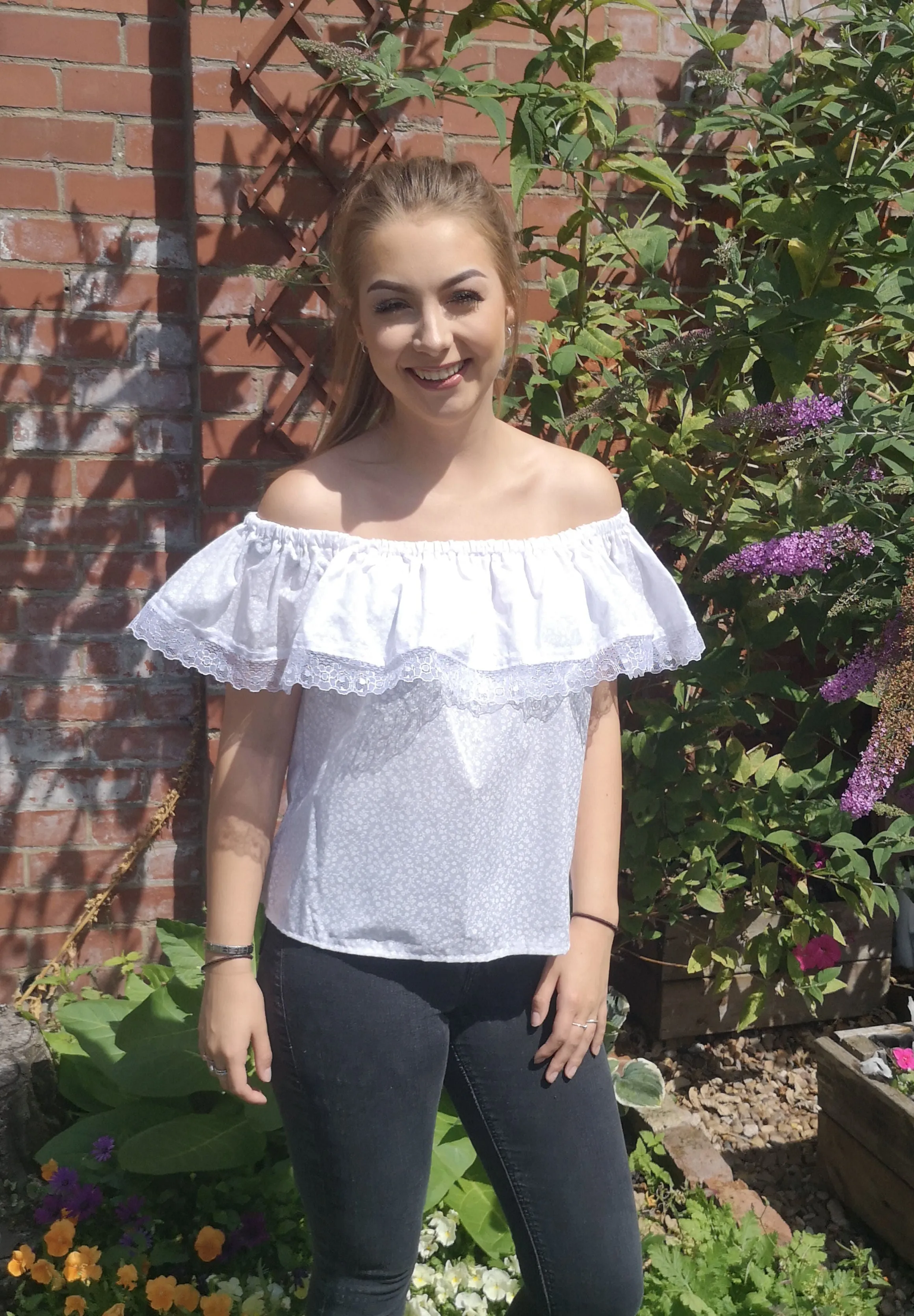 White on white, lace edged bardot top, boho fashion size 10 aprox