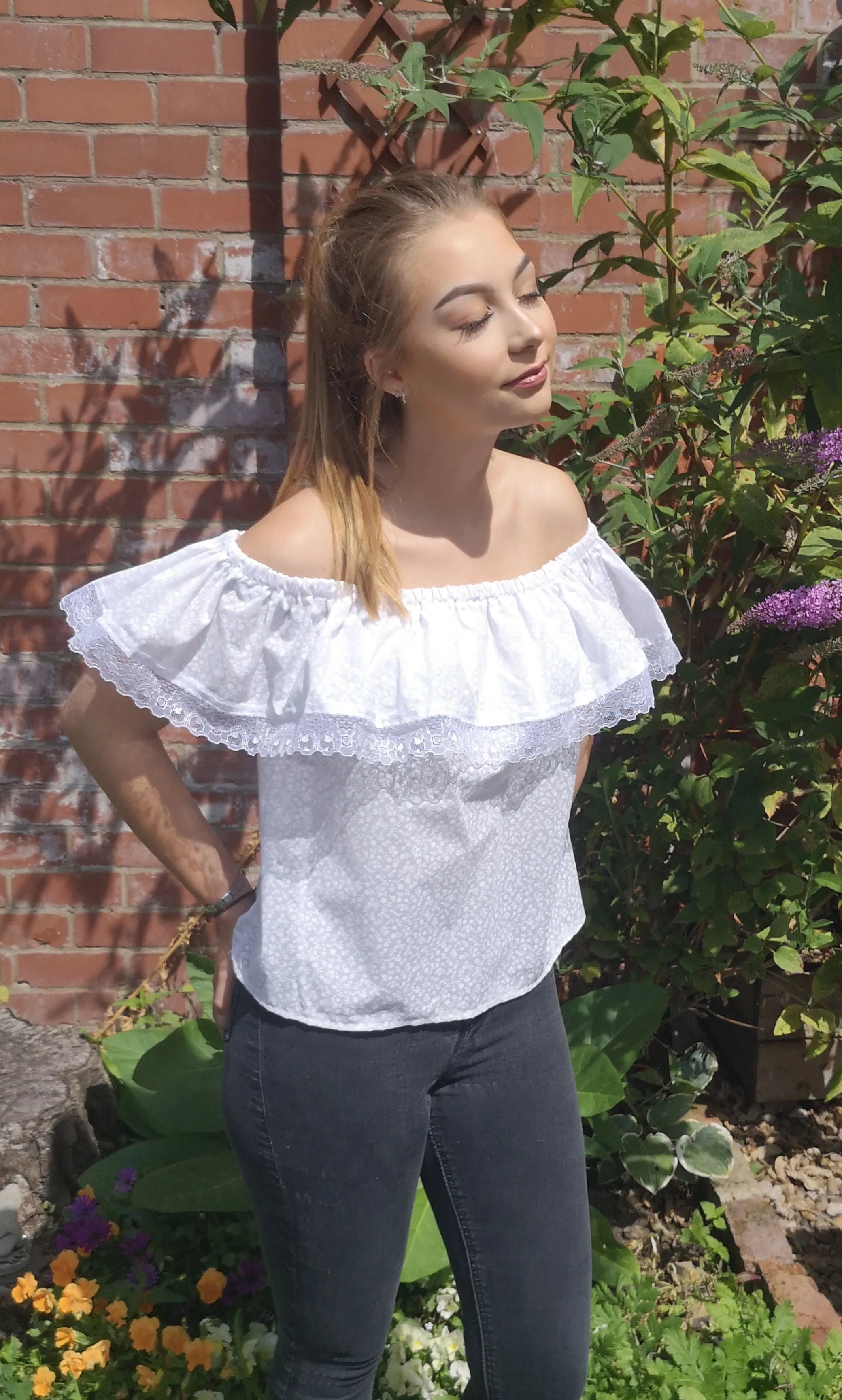 White on white, lace edged bardot top, boho fashion size 10 aprox