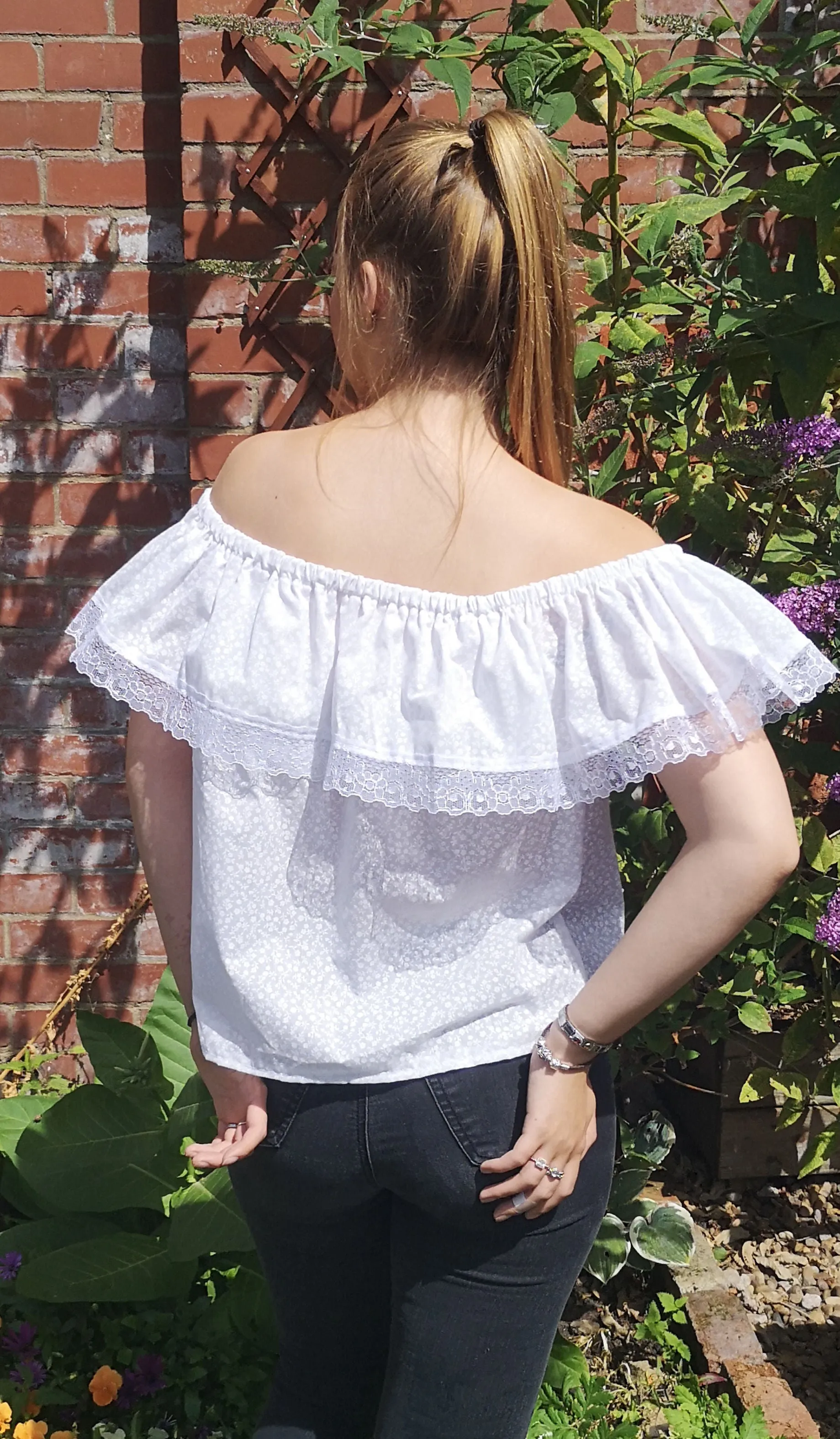 White on white, lace edged bardot top, boho fashion size 10 aprox