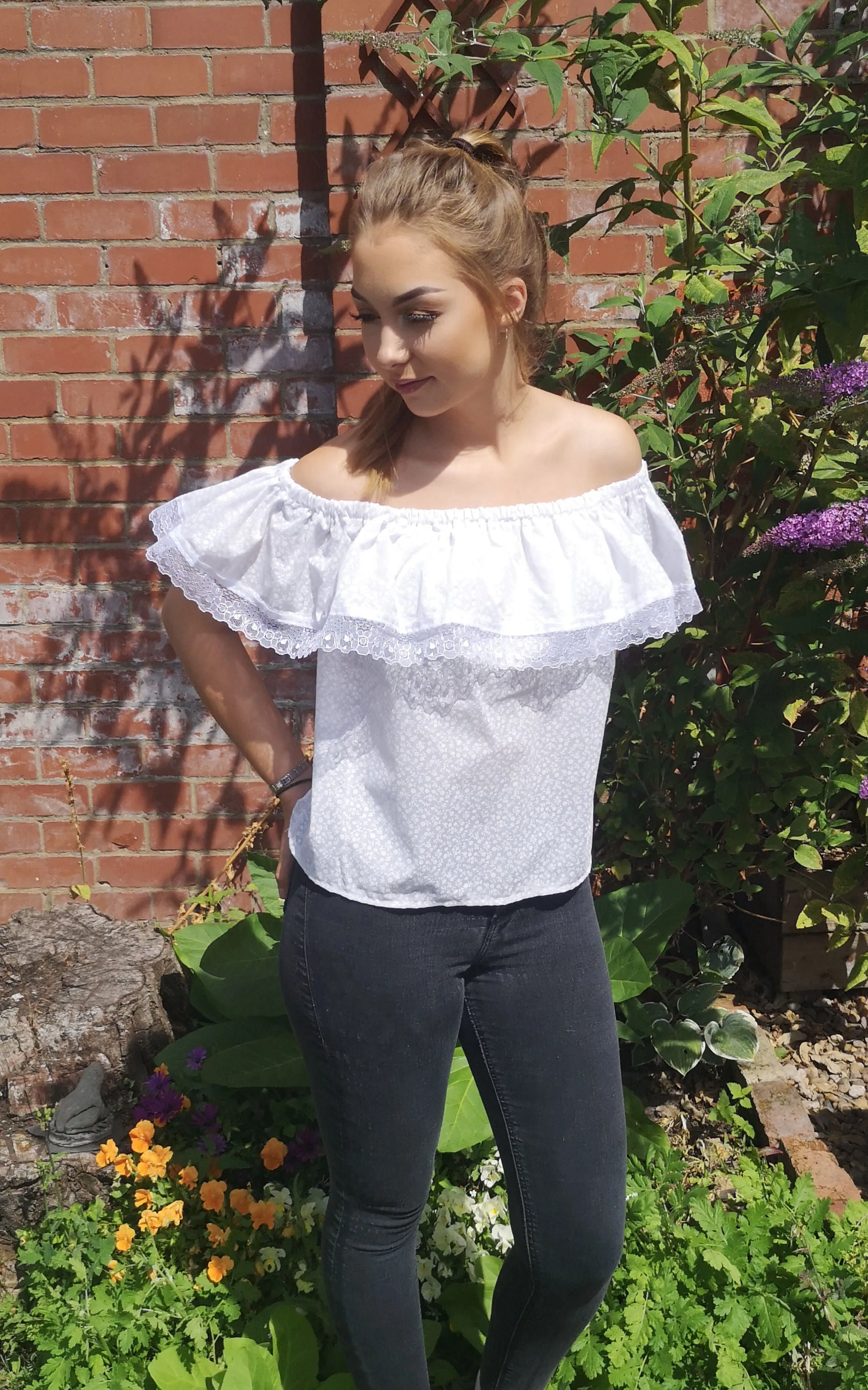 White on white, lace edged bardot top, boho fashion size 10 aprox