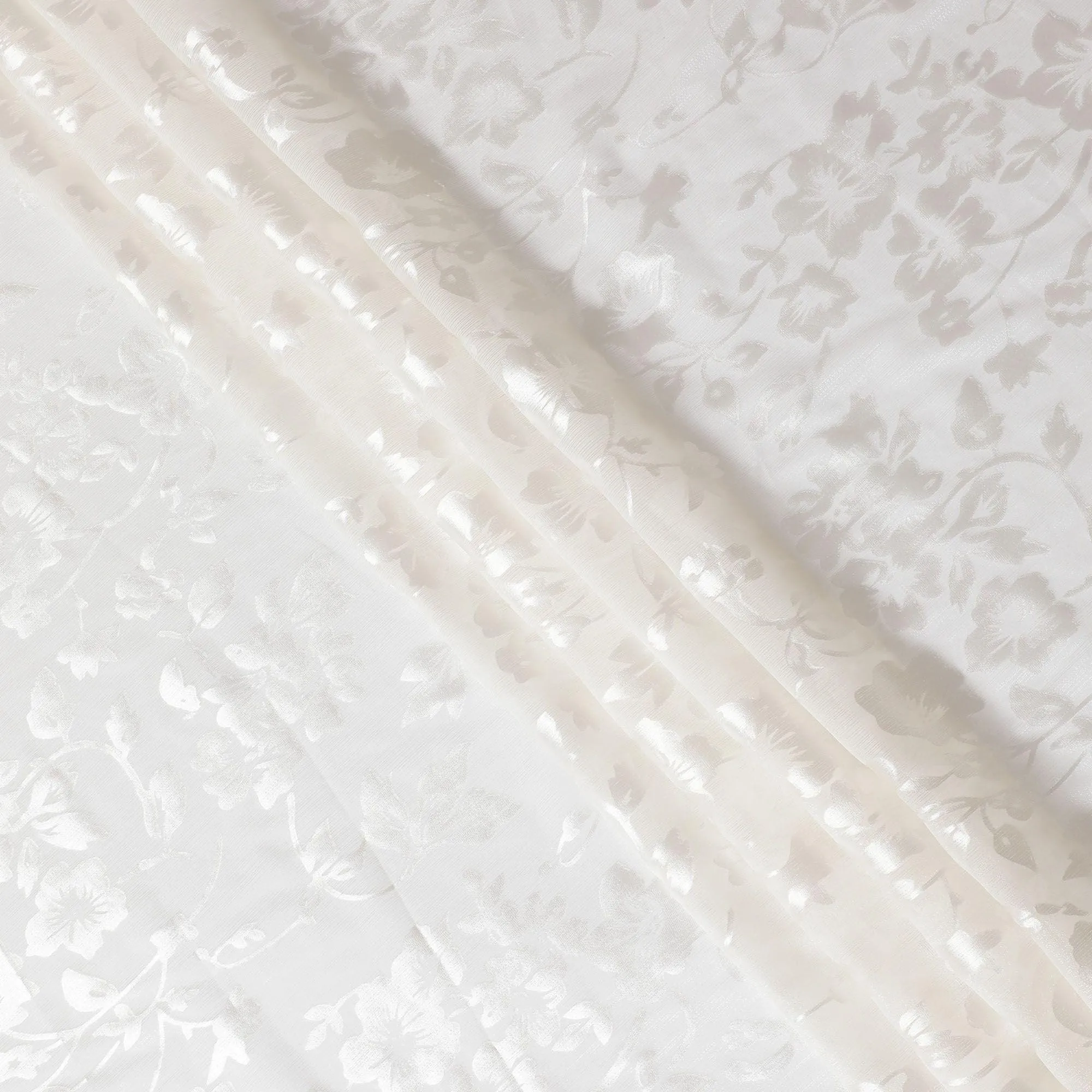 White Premim pure silk chiffon fabric with silver jacquard in floral design-D15314