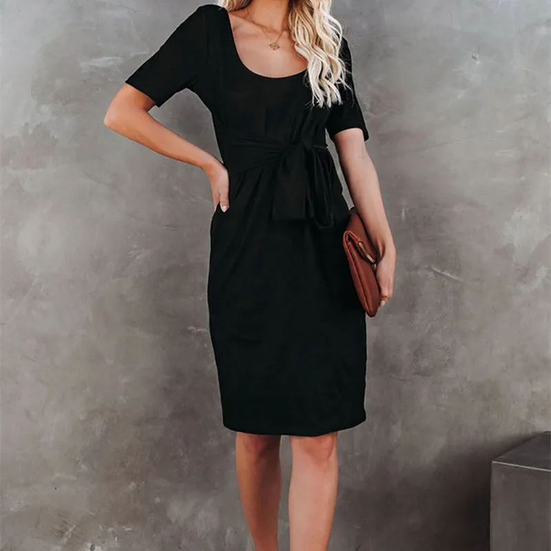 Women Solid Color Short Sleeve Slim Fit Front Cross Tie Dress