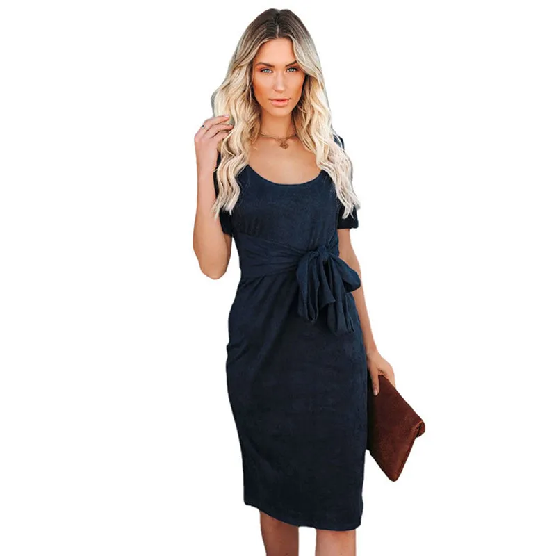 Women Solid Color Short Sleeve Slim Fit Front Cross Tie Dress