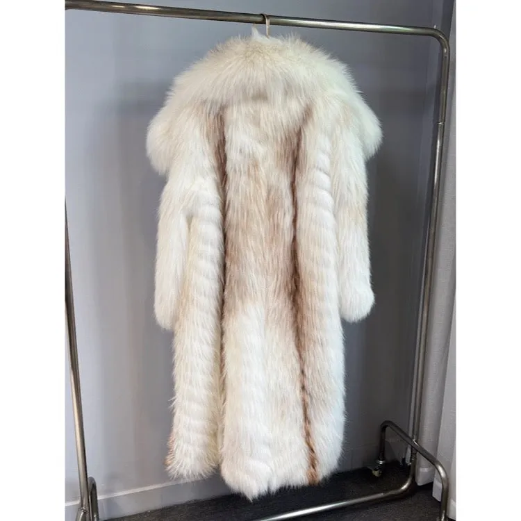 Women's Long Fox Fur Coat with Fur Hood - Sun Gld Fox - G0036