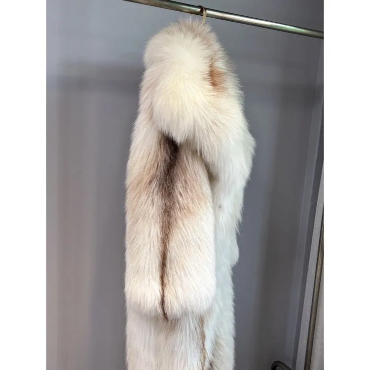 Women's Long Fox Fur Coat with Fur Hood - Sun Gld Fox - G0036