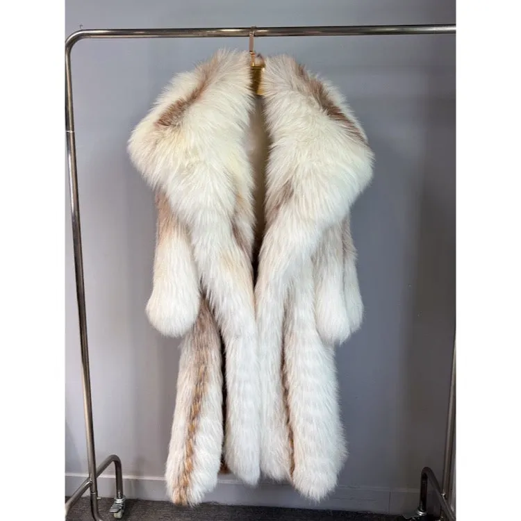 Women's Long Fox Fur Coat with Fur Hood - Sun Gld Fox - G0036